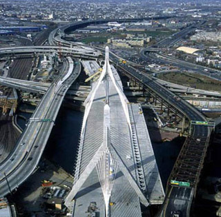 An aerial photo of the Leonard P. Zakim Bridge.