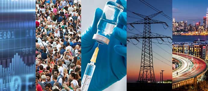 A collage of five images showing a bar graph, a crowd of people, a syringe drawing medicine, high voltage power lines, and a time-lapse photo of traffic moving through a city at night.