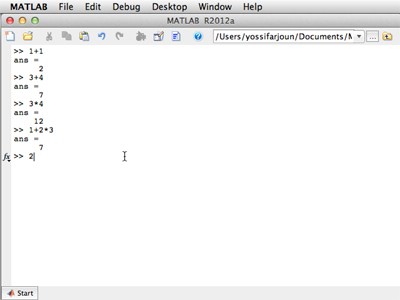 Screenshot of MATLAB’s command prompt and a series of for basic mathematical operations.