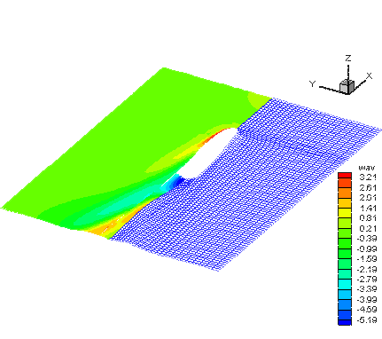 Monohull, 60 knots, 7500 ton, loa = 100m, B/T=4 Wake pattern in calm water