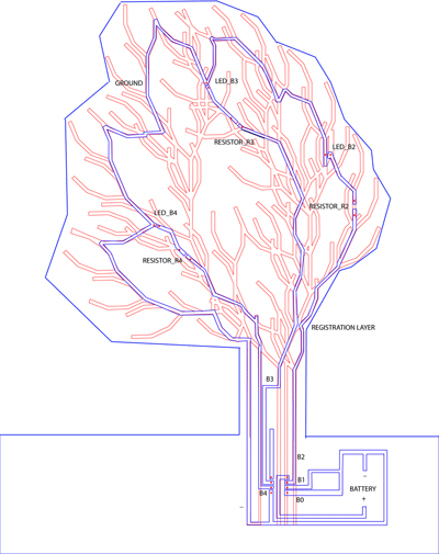 Line drawing of the tree design with overlaid conductive fabric circuit.