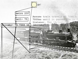 Collage of a Pure Data patch, consisting of several labeled boxes connected by lines, overlaying a black-and-white photo of a steam locomotive with steam blowing up out of the whistle.