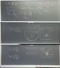 Neutronics related equations and graphs on three blackboards.