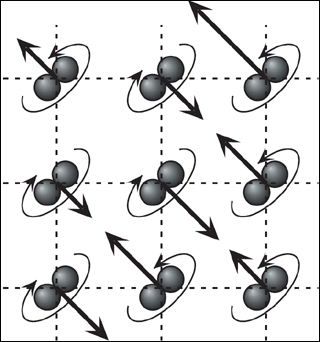 Spheres on a lattice with directional arrows.