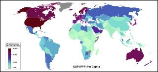 World map depicting GDP per capita.