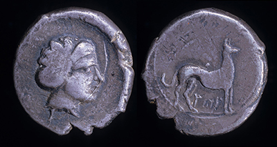 The obverse and reverse of a silver coin, bearing a profile portrait and the image of a doglike animal.